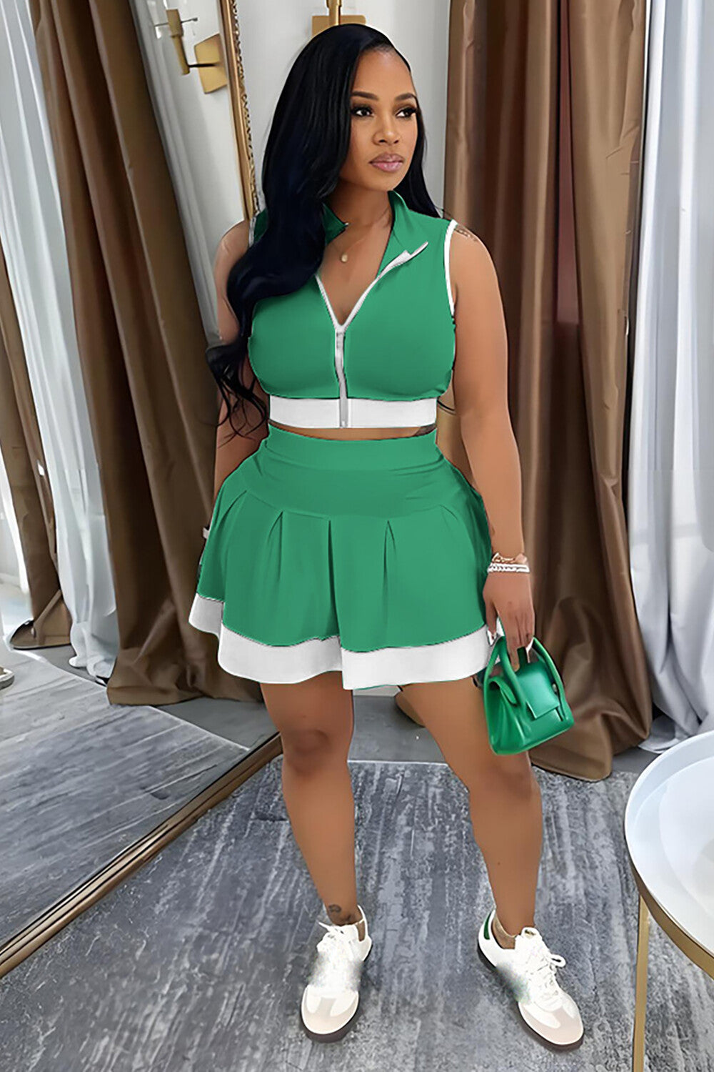 Colorblock Trim Sleeveless Crop Top A-Line Mini Skirt 2pcs Set-White
