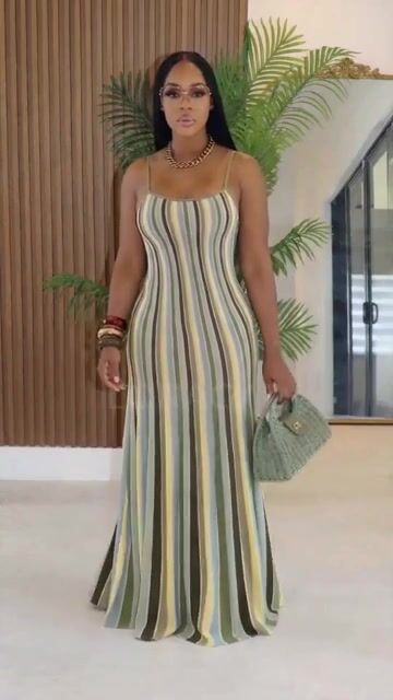 Spaghetti Strap Cinch Waist Striped Casual Maxi Dresses-Green