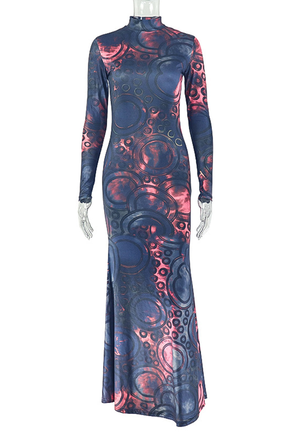 Party All Over Print Mock Neck Long Sleeve Bodycon Maxi Dresses-Black
