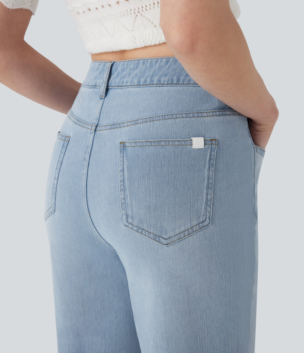 FlexTM Mid Rise Straight Leg Washed Casual Jeans with Pockets