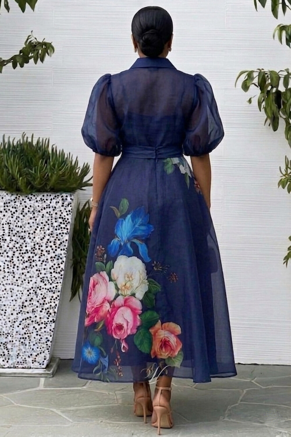 Turndown Collar Puff Sleeve Floral A-Line Mesh Maxi Dresses-Navy