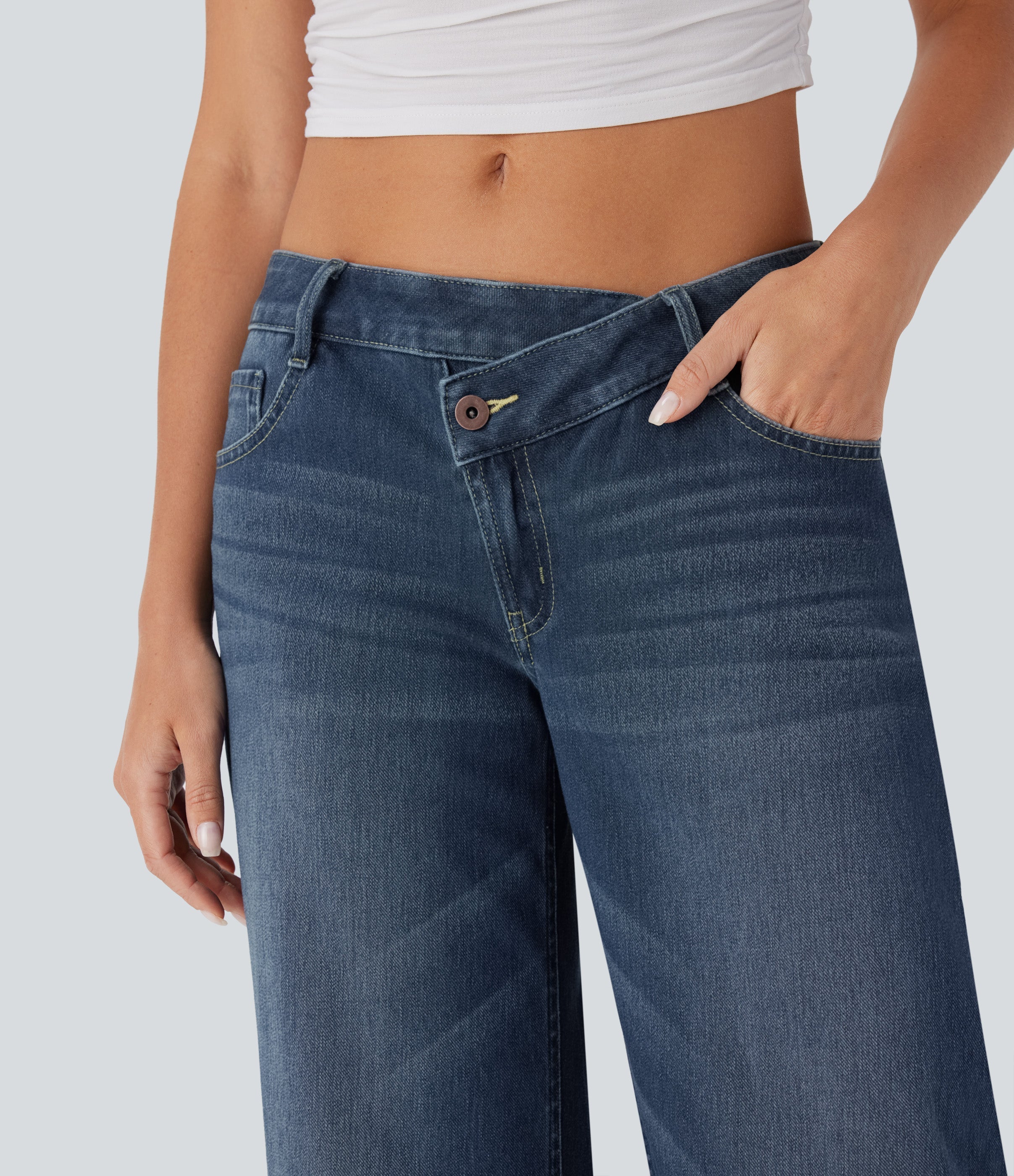 FlexTM Asymmetric Low Rise Zipper Pockets Baggy Wide Leg Washed Casual Jeans