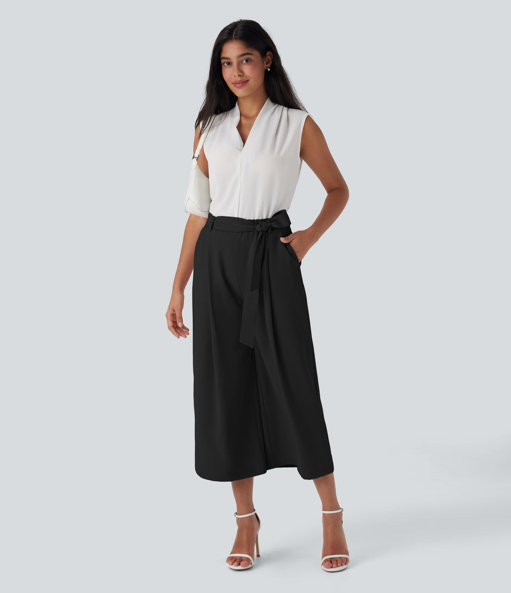 High Waisted Belted Wide Leg Cropped Work Pants with Pockets