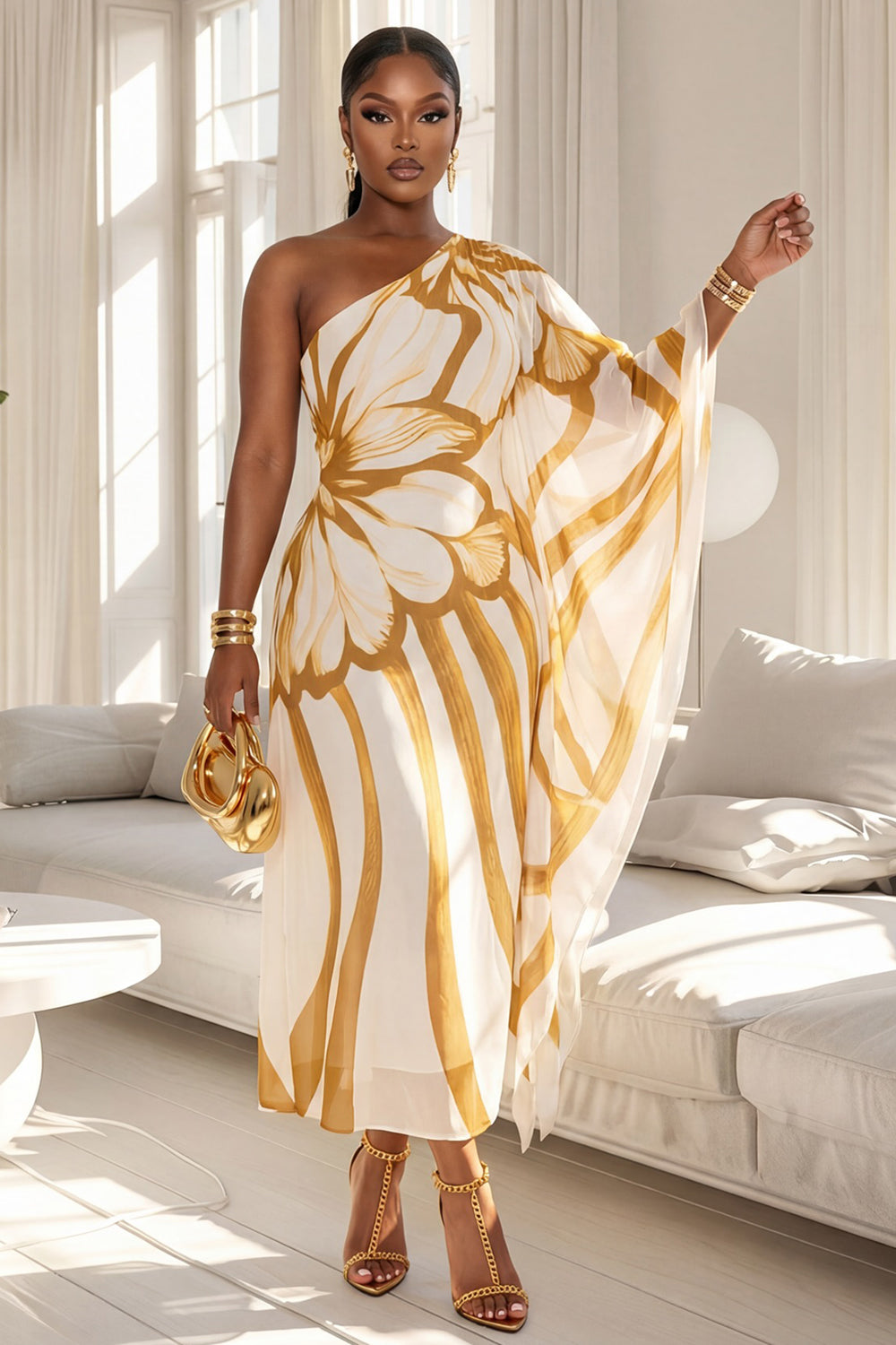 One Shoulder Batwing Sleeve Floral Vacation Maxi Dresses-Gold