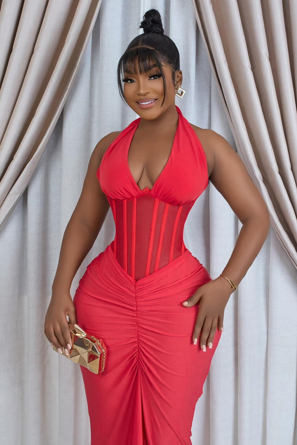 Halter Cinch Waist Ruched Fishtail Bodycon Party Maxi Dresses-Red