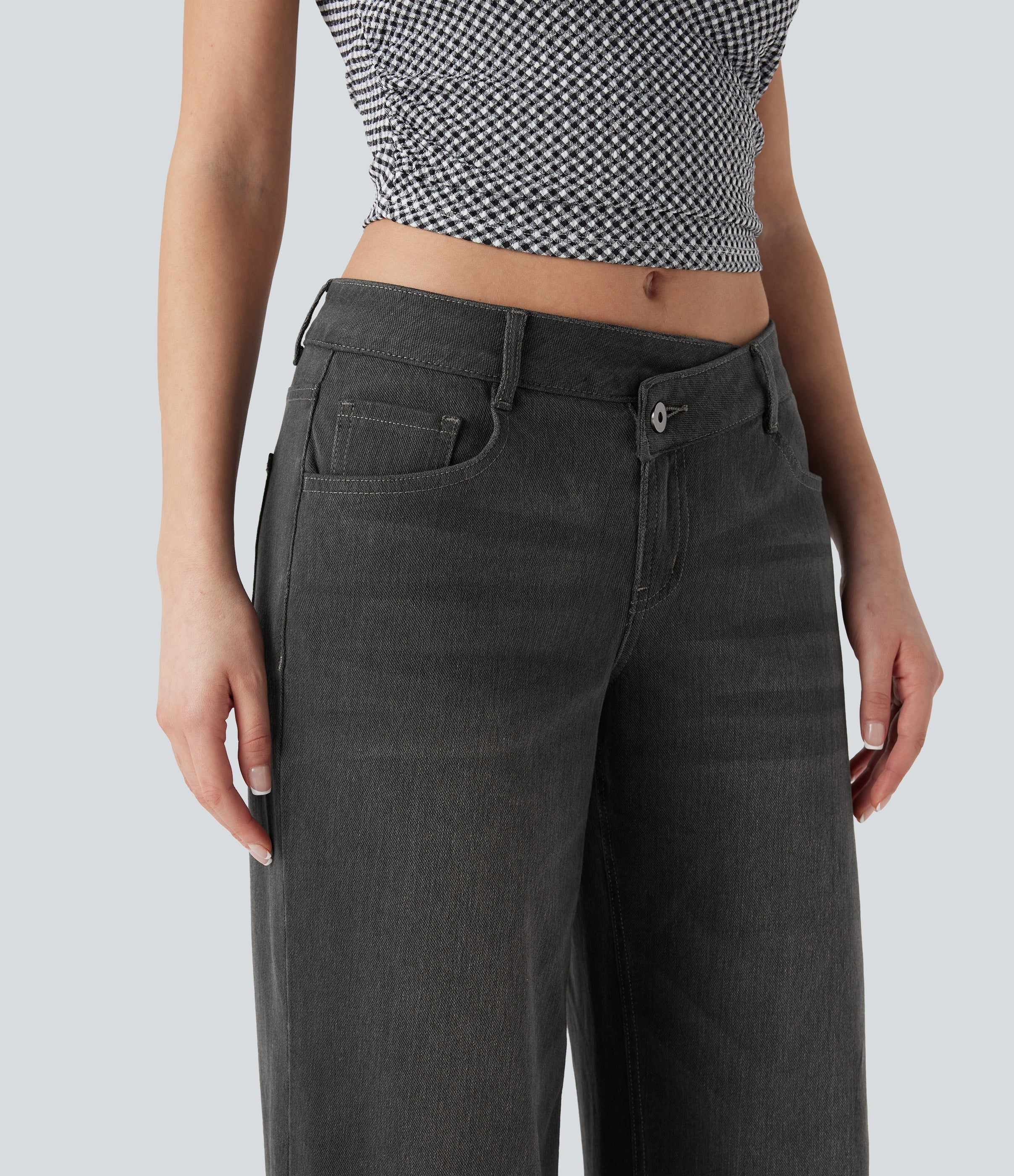 FlexTM Asymmetric Low Rise Zipper Pockets Baggy Wide Leg Washed Casual Jeans