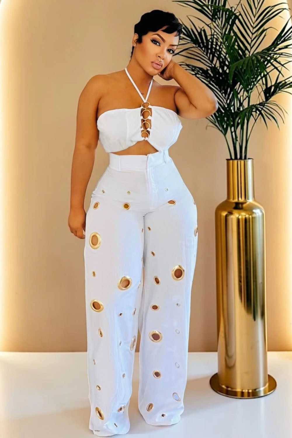 Halter Crop Top High Waist Hollow Pants Casual 2pcs Set-Yellow [Pre Order]