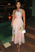 One Shoulder Floral Print Cinch Waist Gowns Maxi Dresses-Pink