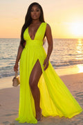 Deep V Neck Cinch Waist Slit Mesh Loose Fit Maxi Dresses-Green