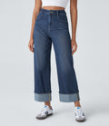 FlexTM High Waisted Multiple Pockets Rolled Hem Wide Leg Washed Stretchy Knit Casual Jeans