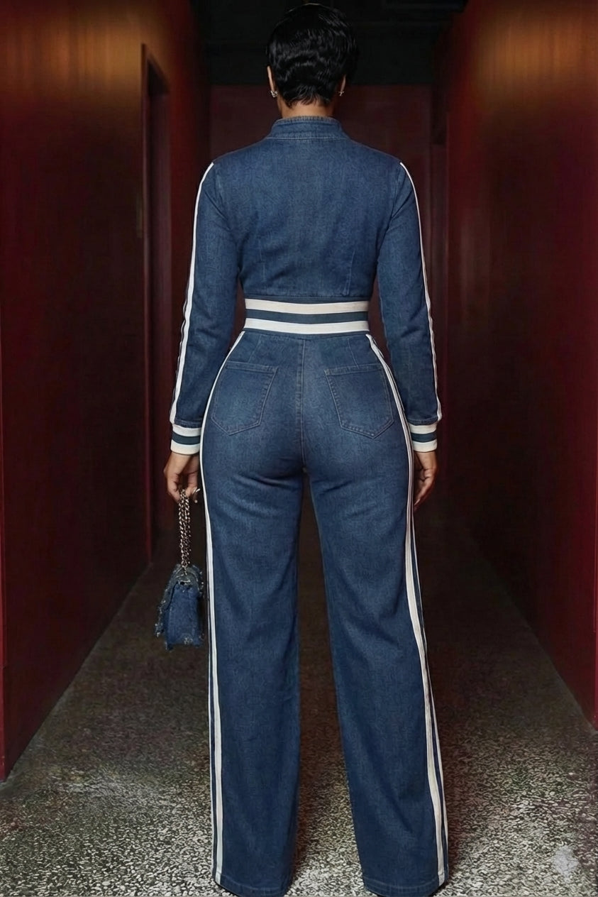 Zip-Up High Neck Stripe Long Sleeve Wide Leg Sets-Blue