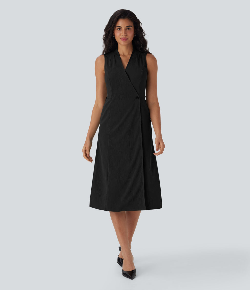 Anti-wrinkle V Neck Sleeveless Wrapped Belted Midi Travel Dress with Pockets