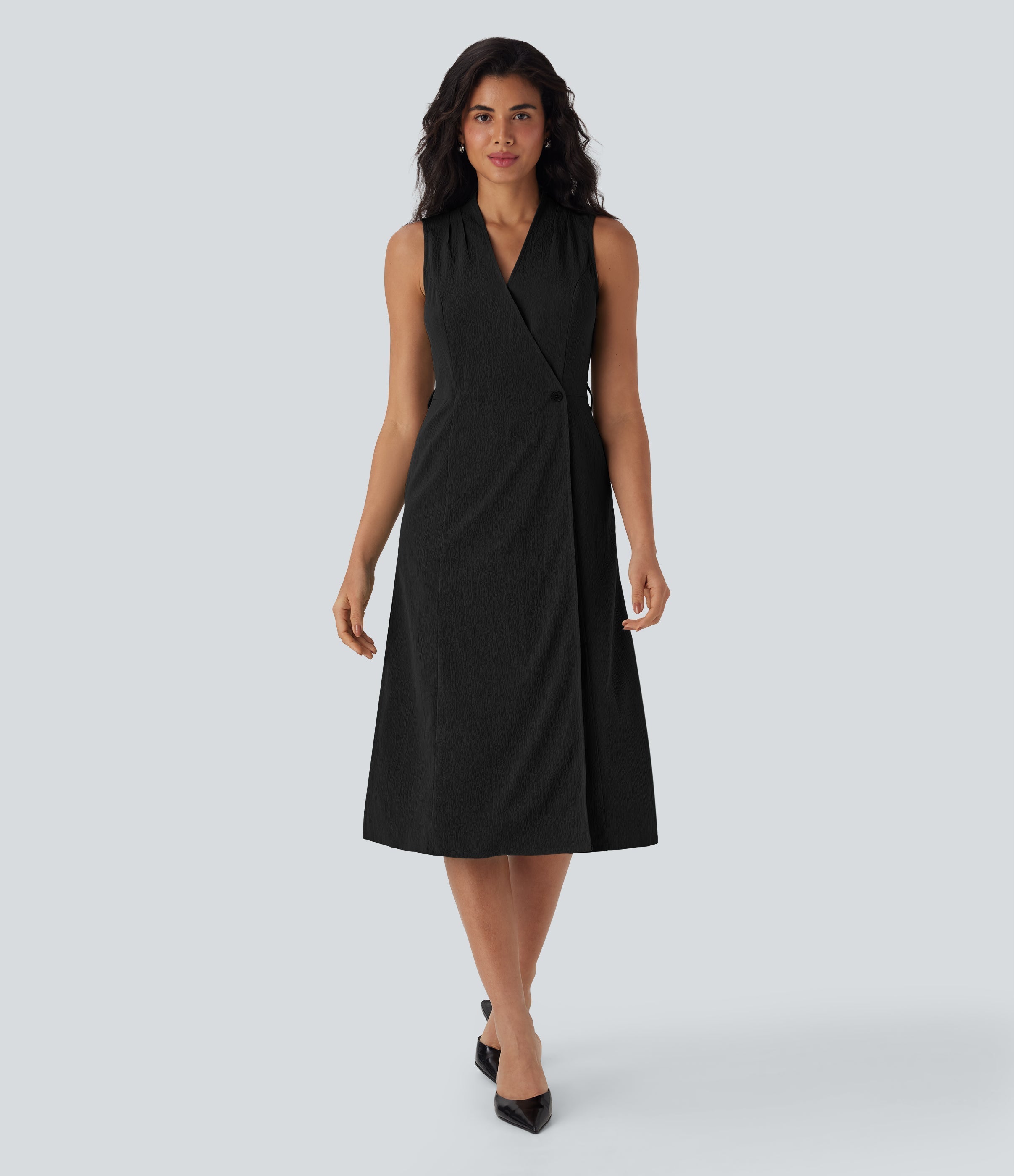 Anti-wrinkle V Neck Sleeveless Wrapped Belted Midi Travel Dress with Pockets