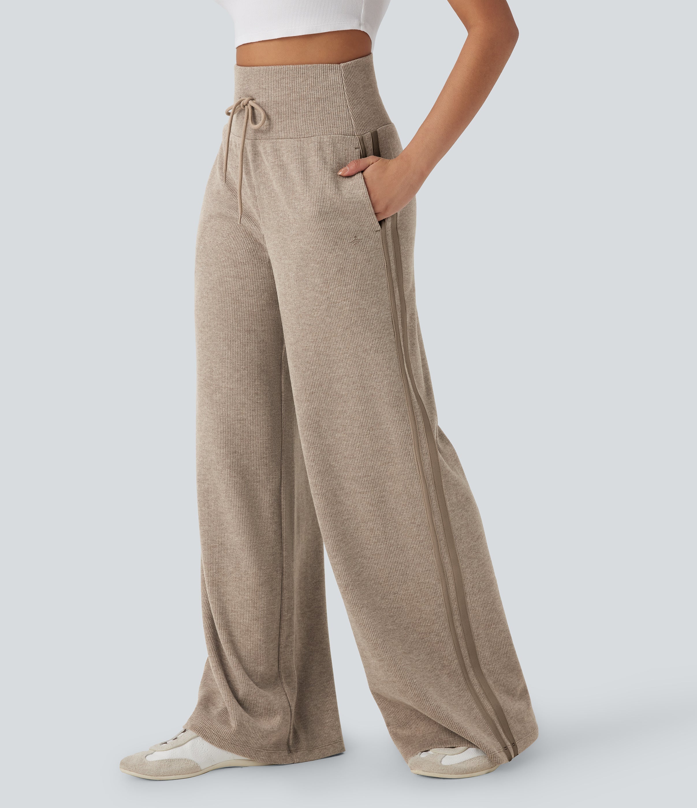 2026🔥 Ribbed SoCinched High Waisted Tummy Control Drawstring Wide Leg Color Block Casual Trousers with Pockets