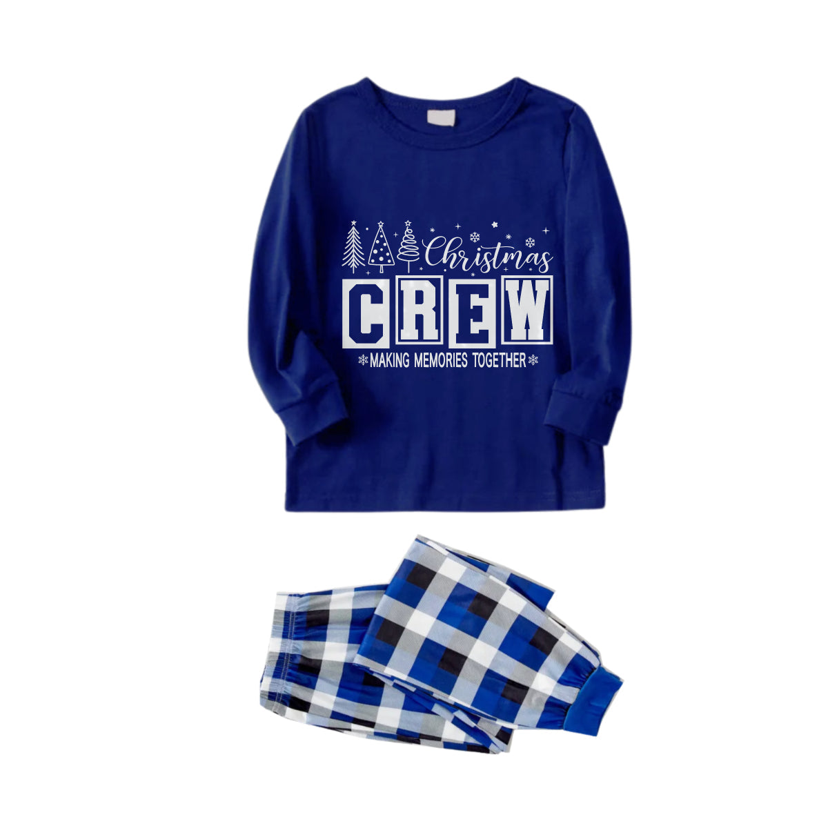 Christmas Family Matching Pajamas-Navy & White Plaid Pjs Set with "Christmas Crew Making Memories Together" Print