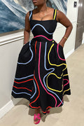 Wide Straps Cinch Waist Contrast Piping Casual Maxi Dresses-Black