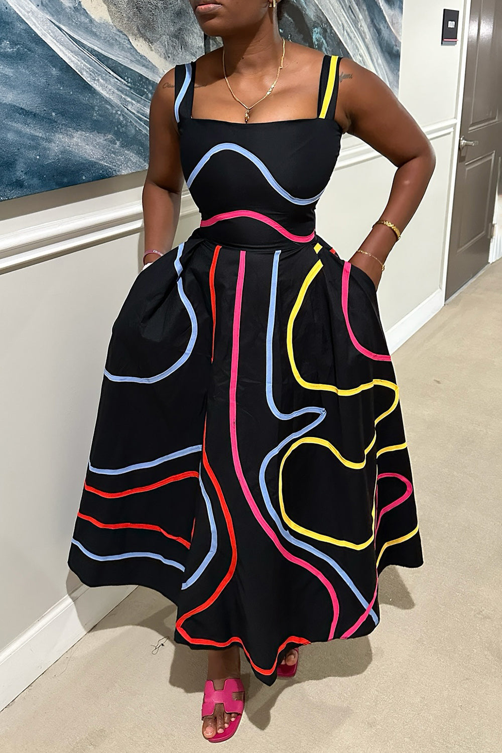 Wide Straps Cinch Waist Contrast Piping Casual Maxi Dresses-Black
