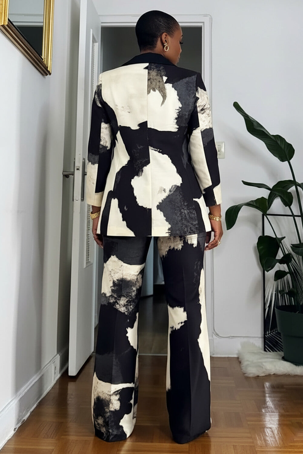 Pattern Print Colorblock Blazer High Waist Pants 2pcs Set-Black