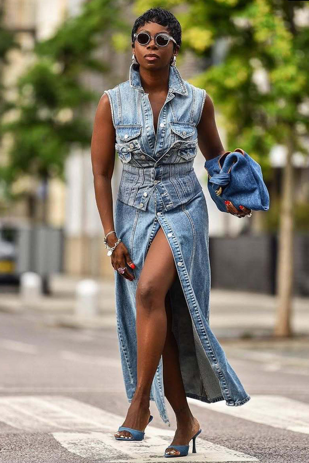 Denim Turndown Collar Sleeveless Slit Slim Fit Casual Maxi Dresses-Blue