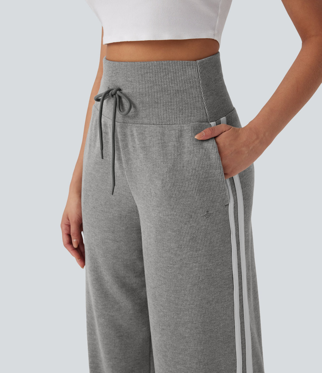 2026🔥 Ribbed SoCinched High Waisted Tummy Control Drawstring Wide Leg Color Block Casual Trousers with Pockets