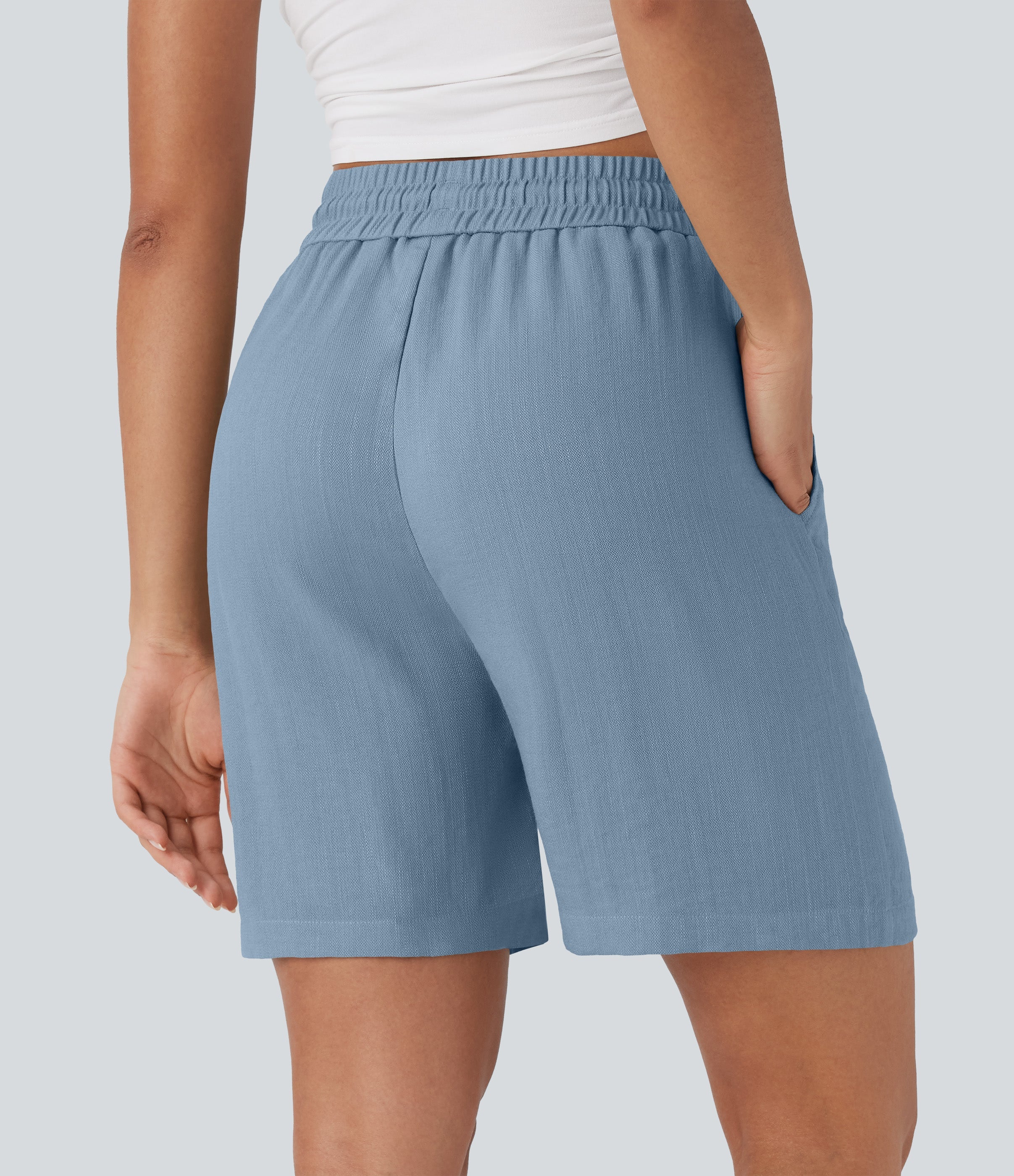 High Waisted Drawstring Casual Linen-Feel Shorts with Pockets