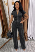 Denim Zipper Short Sleeve Top Cargo Pants Casual 2pcs Set-Black [Pre Order]