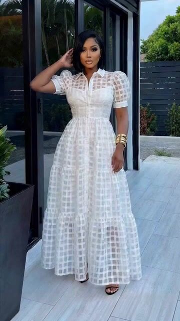 Turndown Collar Puff Sleeve Plaid A-Line Maxi Dresses-White [Pre Order]