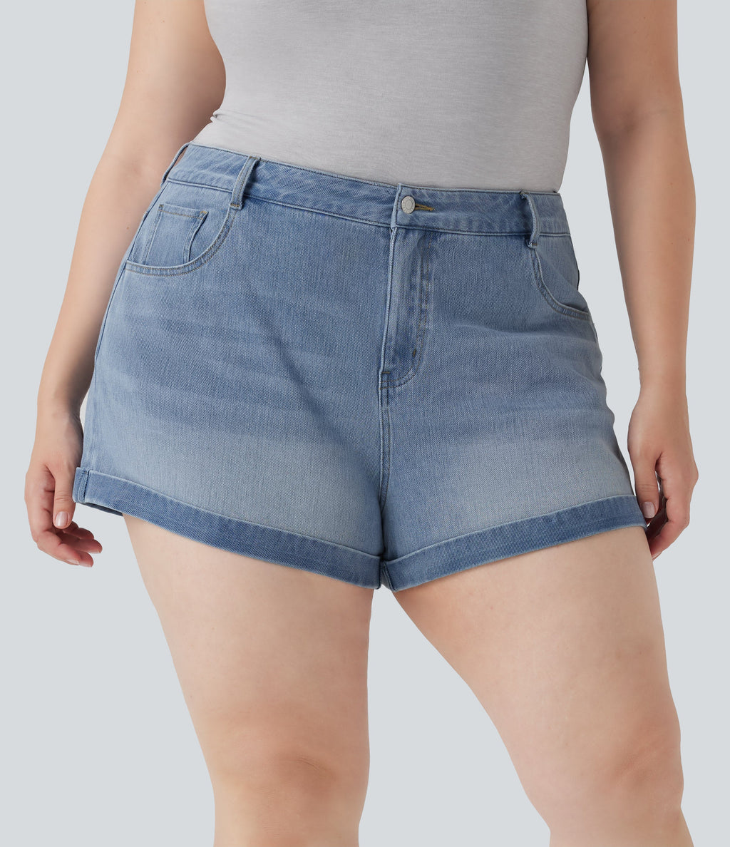 FlexTM Mid Rise Zipper Pockets Denim Casual Plus Size Shorts 3''