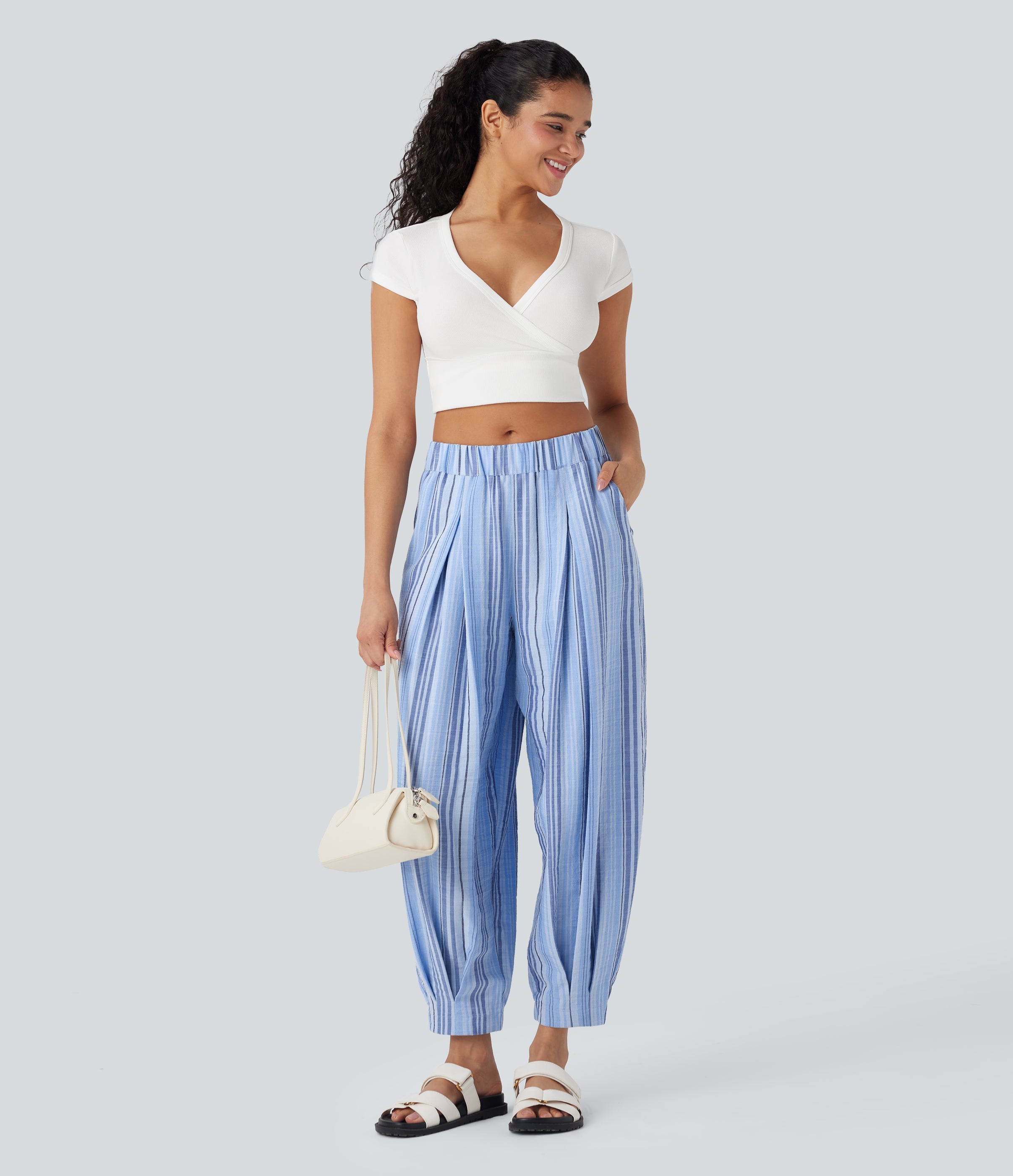 Mid Rise Stripe Casual Linen-Feel Joggers with Pockets