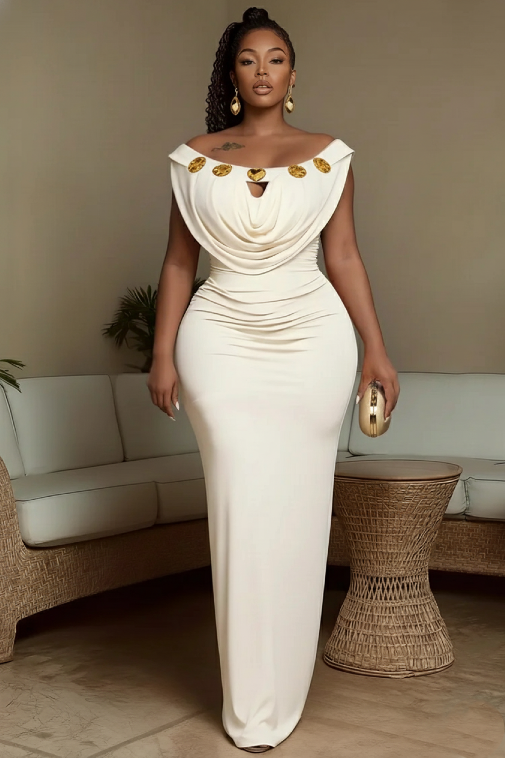 Cowl Boat Neck Alloy Decor Slim-Fit Party Maxi Dresses-Beige