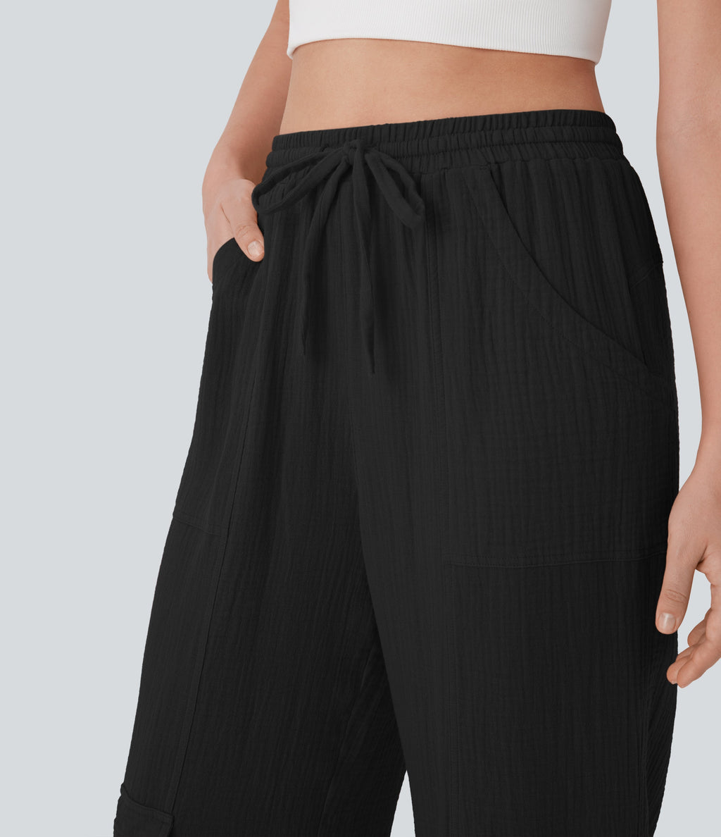 High Waisted Drawstring Wide Leg Cargo Casual Cotton Pants with Pockets