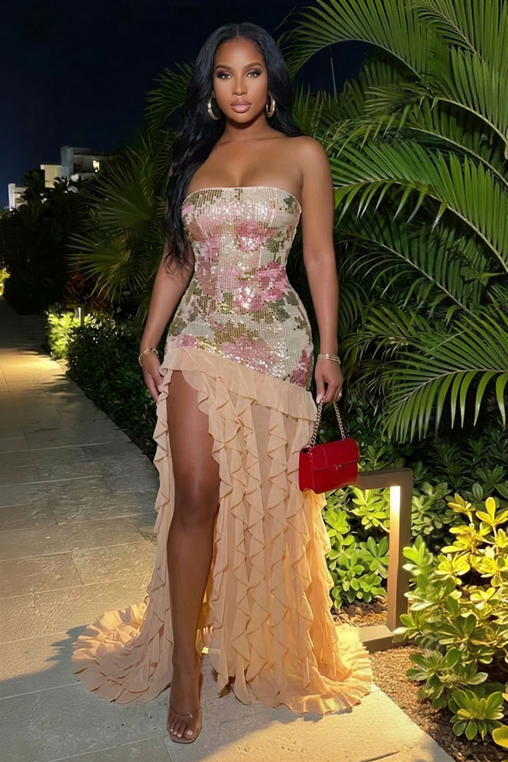 Strapless Sequin Floral Ruffle High Slit Gowns Maxi Dresses-Brown