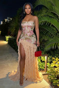 Strapless Sequin Floral Ruffle High Slit Gowns Maxi Dresses-Brown