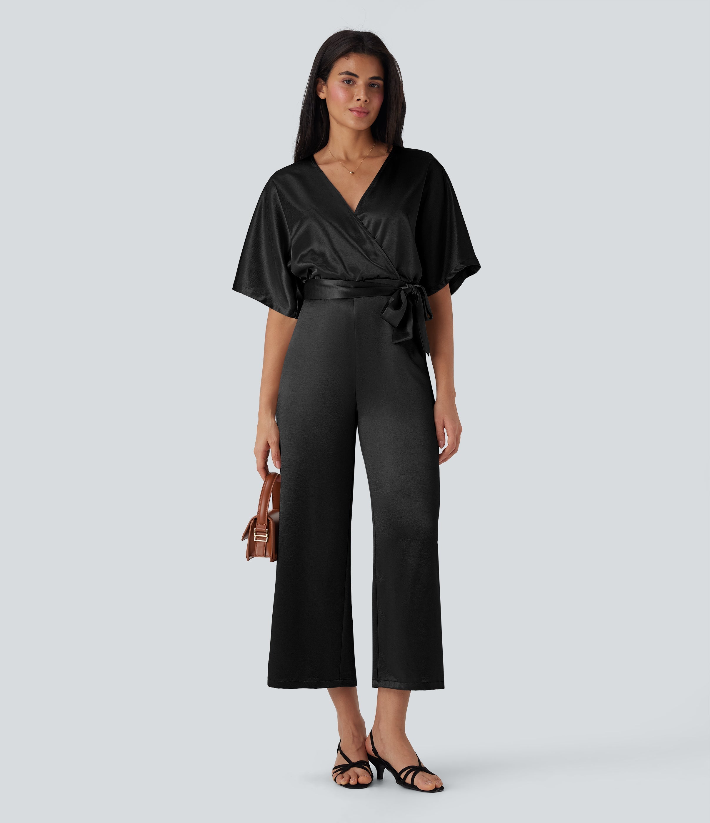 Crossover V Neck Belted Wide Leg Satin-like Work Jumpsuit with Pockets