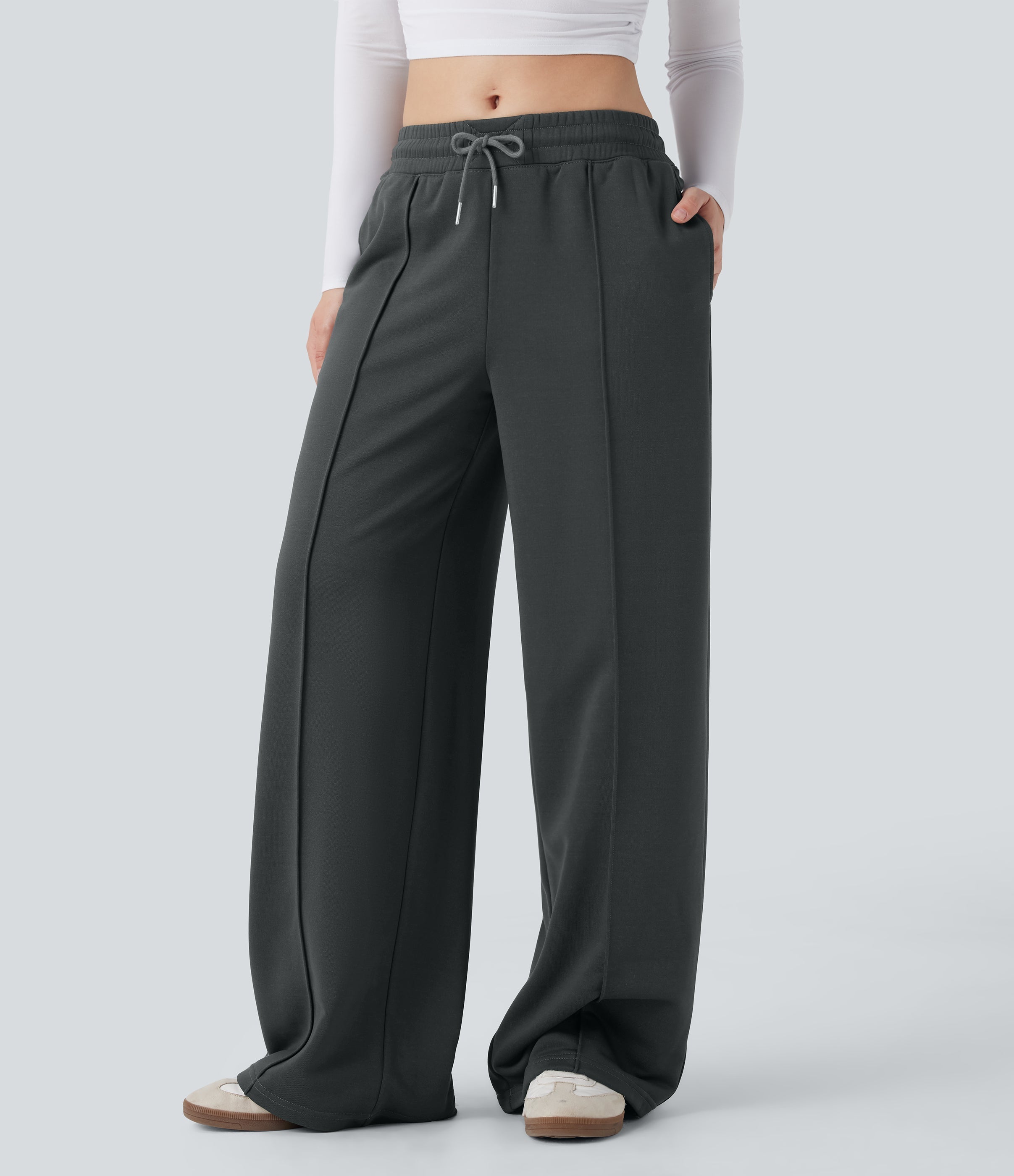 Low Rise Drawstring Wide Leg Casual Pants with Pockets