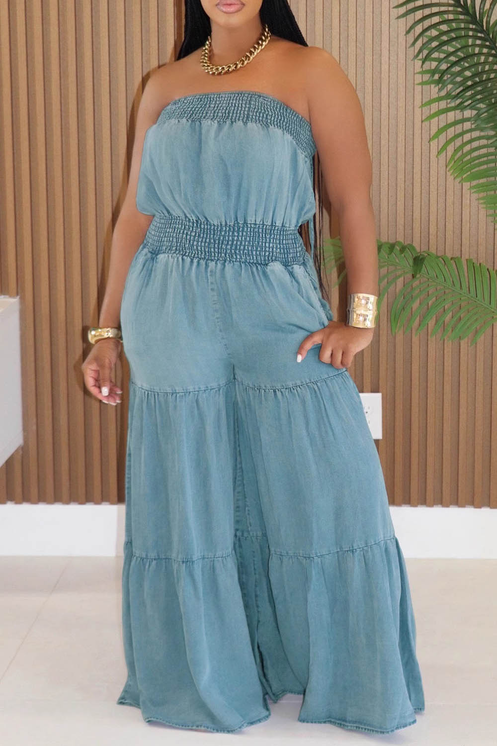 Convertible Strapless Cami Neck Denim Smocking Wide Leg Casual Jumpsuit-Blue