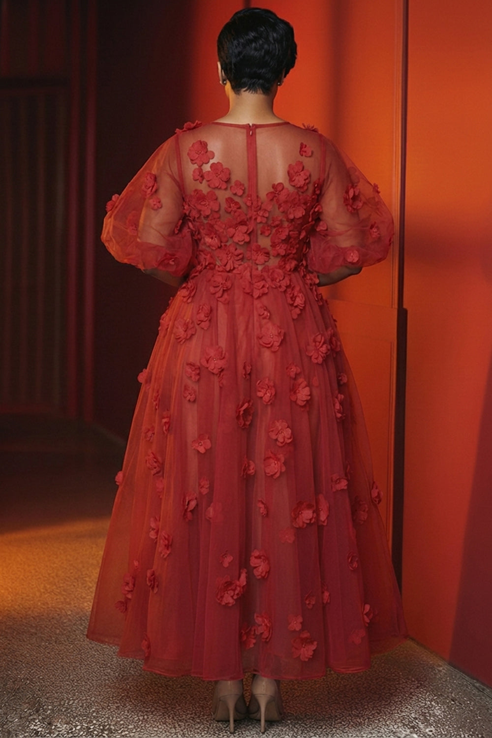 Round Neck Puff Sleeve 3D Flower Tulle Loose Fit Maxi Dresses-Red