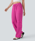 High Waisted Drawstring Wide Leg Cargo Casual Cotton Pants with Pockets