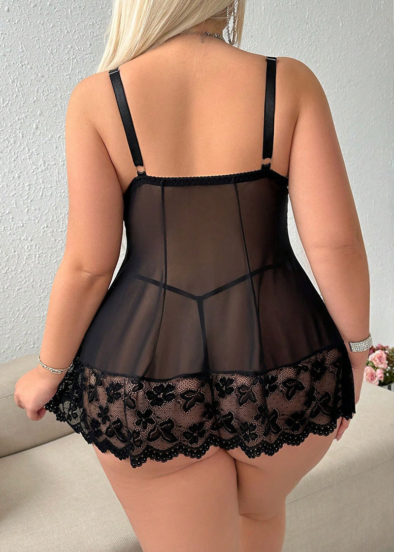 Plus Size Sexy Lace Hollow See-Through Camisole Sleepwear Set