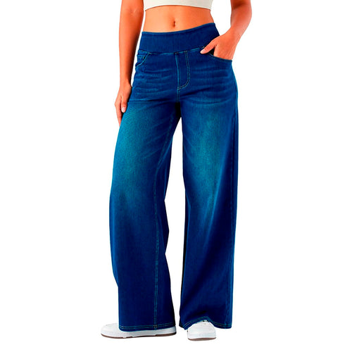 2026🔥 FlexTM High Waisted Multiple Pockets Baggy Wide Leg Washed Stretchy Knit Casual Jeans