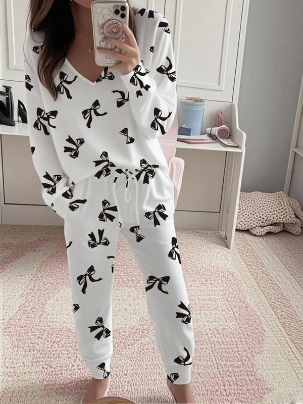 Bow Print V-Neck Long Sleeve Top & Tie Waist Pants Set