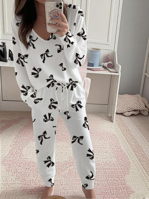 Bow Print V-Neck Long Sleeve Top & Tie Waist Pants Set