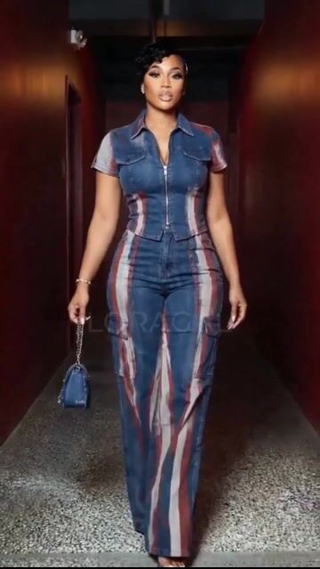 Stripe Print Zipper Top Cargo Pants Denim 2pcs Set-Multicolor [Pre Order]