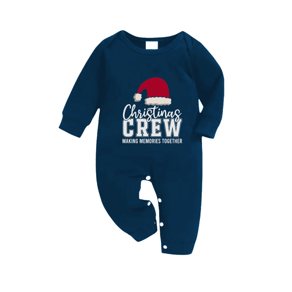 Christmas Family Matching Pajamas-Navy & Sky Blue Plaid Pjs Set with "Christmas Crew Making Memories Together" and Santa Hat Pattern Print