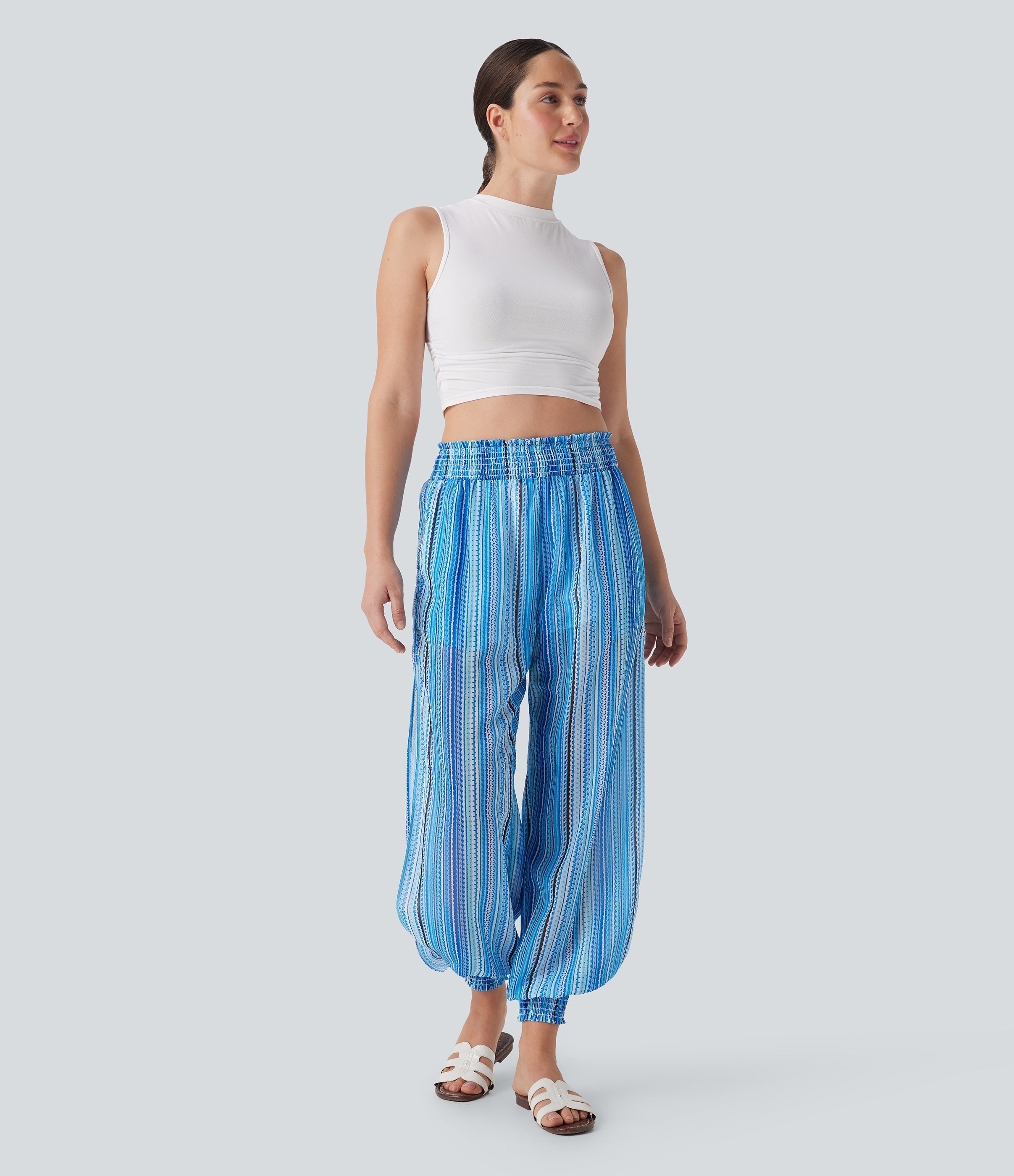 High Waisted Shirred 2-in-1 Stripe Casual Joggers with Pockets