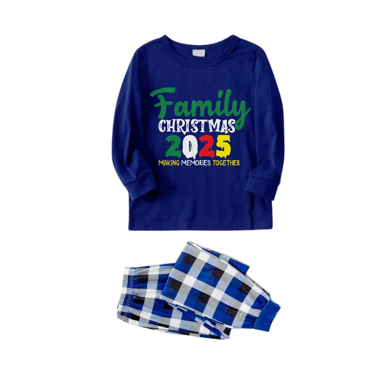 Christmas Family Matching Pajamas-Navy & White Plaid Pjs Set with "Family Christmas 2025" Slogan Print