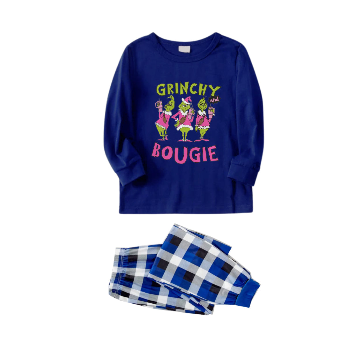 Christmas Family Matching Pajamas-Navy & White Plaid Pjs Set with "Grinchy and Bougie" Print
