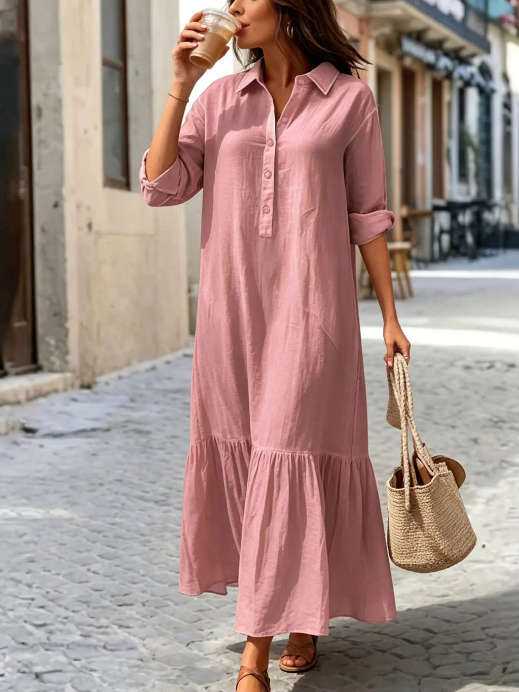 Women's Maxi Dress Linen-feel Dresses Faux Cotton Linen Shirt Dress Kaftan Dress Basic Casual Daily Vacation Regular Fit Plain Long Sleeve V Neck