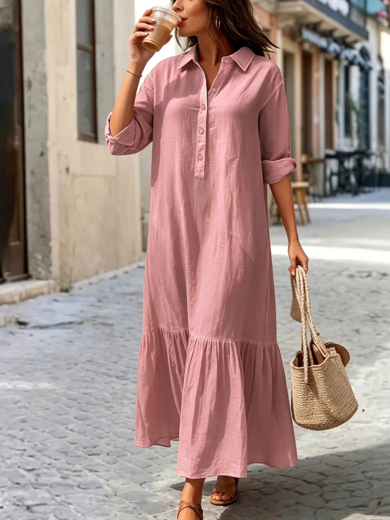 A women's fashionable, gentle, casual, lazy style solid color dress with a shirt collar twist button design, suitable for summer, daily commuting, beach travel, dates, picnics, etc.