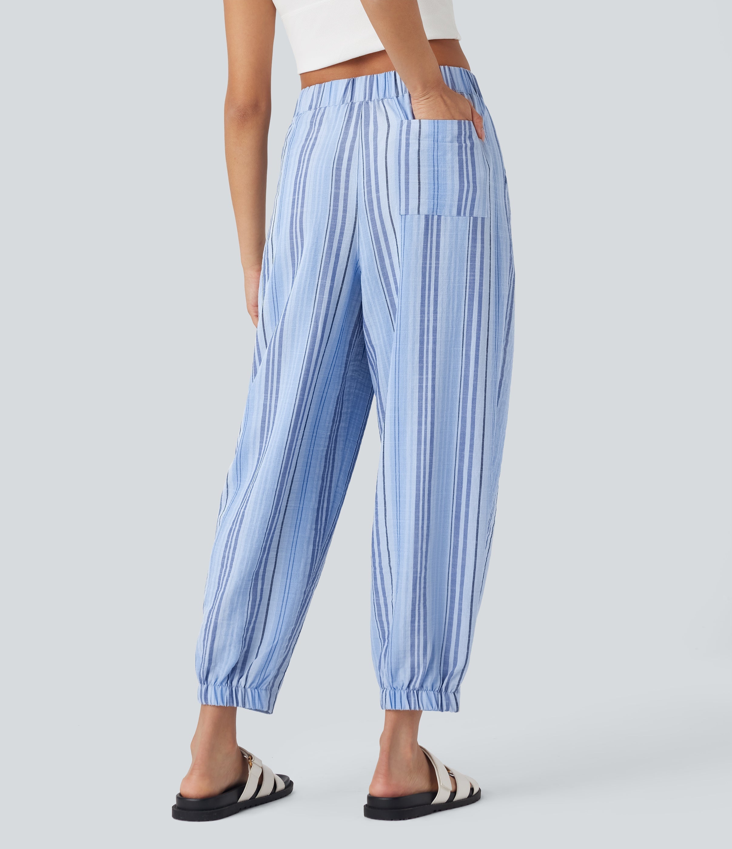 Mid Rise Stripe Casual Linen-Feel Joggers with Pockets